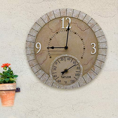 Taylor Terra Cotta Poly Resin Indoor and Outdoor Clock and Thermometer, Home Decor for Garden, Patio, Pool, and Indoor Areas, 14-inch, Multi-Color