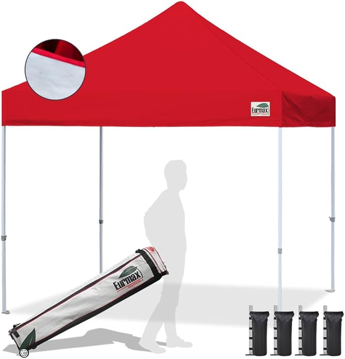 Eurmax USA Standard 10x10ft Patio Pop Up Canopy Tent for Outdoor Events Commercial Instant Canopies with Heavy Duty Roller Bag,Bonus 4 Canopy Sand Bags(Silver Coating Top,Red)
