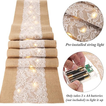Xinnun 6 Pack Burlap Table Runner with Warm LED Lights,Rustic Lace Wedding Table Decor,Boho Farmhouse Jute Runner for Reception Bridal Shower Party(Classic,12x108 Inches) - size: 12X108 Inches, style: Classic