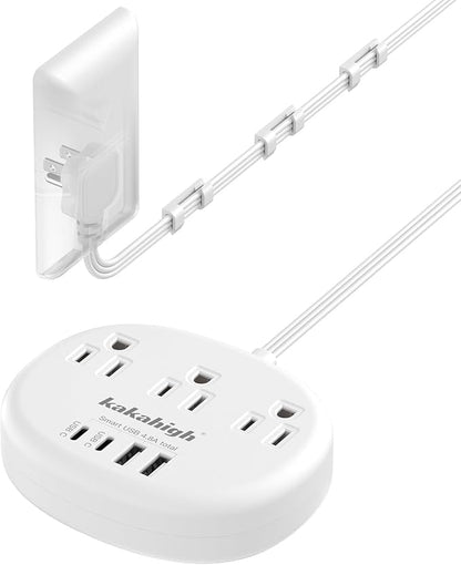 Flat Extension Cord with Outlet Cover & Cable Clips- 5 FT, 1625W Child Proof Extension Cord with 3 AC Outlet 4 USB (24W/4.8A), Flat 90 Degree Power Strip for Behind Furniture Couch Sofa TV, etc