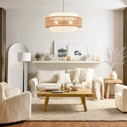 19.7" Boho Rattan Chandelier, 4-Light Large Rattan Pendant Light with Fabric Shade, Boho Drum Ceiling Hanging Light Fixture for Dining Room, Living Room, Kitchen Island, Hallway, Foyer - size: 19.7" V-shaped weaving