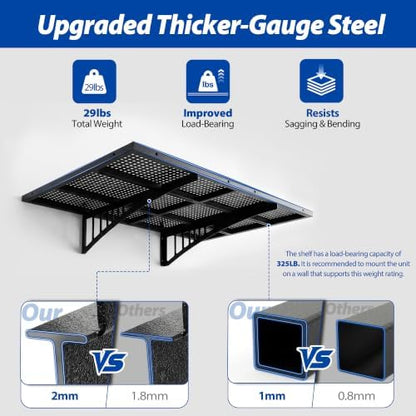 Avalution Garage Wall Shelving,2x3ft Garage Shelving Wall Mounted 2 Pack,Heavy Duty Wall Organizer Storage Shelf with Hooks,650lbs Capacity Floating Shelves for Laundry, Basement,Warehouse,Black