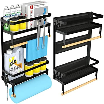 Magnetic Paper Towel Holder with Multi-Layer Storage Shelf, Stable Magnetic Organizer for Refrigerator, Garage Tool Cabinet and RV, Wall Mount Spice Rack and Paper Roll Hanger (Large- Black)