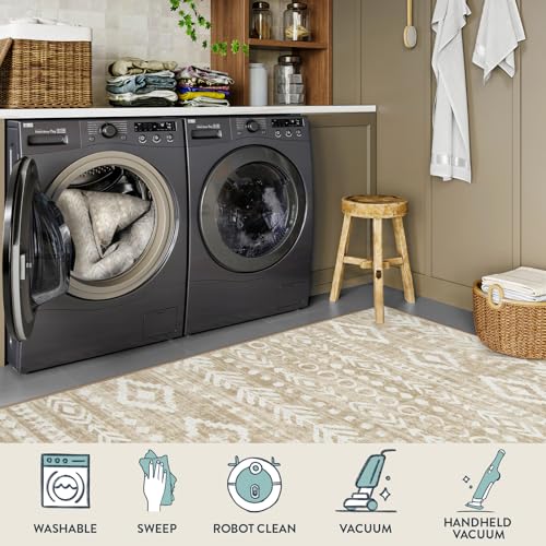 Lahome Boho Geometric Washable Runner Rug, 2x6 Low-Pile Tan Long Bathroom Runner Rug Non Slip Washable, Rustic Print Pattern Soft Bedroom Carpet Runner 6ft for Entryway Laundry Room Varena - color: Tan/White, size: 2' x 6'