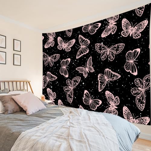 HVEST Pink Butterfly Tapestry - Butterfly on Black and White Galaxy Space Wall Hanging for Bedroom, Kids Room, Living Room - 60L x 80W inches - color: Black Pink, size: 60"L x 80"W