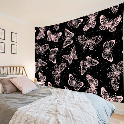 HVEST Pink Butterfly Tapestry - Butterfly on Black and White Galaxy Space Wall Hanging for Bedroom, Kids Room, Living Room - 60L x 80W inches - color: Black Pink, size: 60"L x 80"W