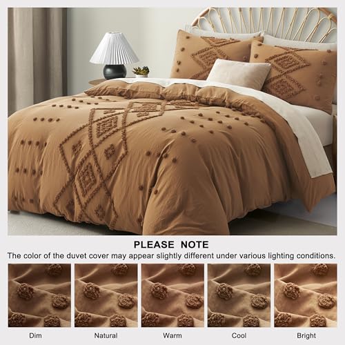 Oli Anderson Tufted Duvet Cover Queen Size, Soft and Lightweight Duvet Covers Set for All Seasons, 3 Pieces Boho Embroidery Shabby Chic Bedding Set (Pumpkin Brown, Queen, 90"×90") - color: Pumpkin Brown, size: Full/Queen(90"×90")
