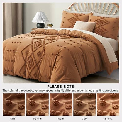 Oli Anderson Tufted Duvet Cover Queen Size, Soft and Lightweight Duvet Covers Set for All Seasons, 3 Pieces Boho Embroidery Shabby Chic Bedding Set (Pumpkin Brown, Queen, 90"×90") - color: Pumpkin Brown, size: Full/Queen(90"×90")