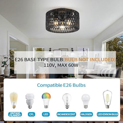 Rattan Ceiling Light Fixture, 3-Light Bohemian Modern Woven Ceiling Light, Black Boho Flush Mount Ceiling Light for Bedroom Living Room Dining Room, Bulb Not Included - color: Black, size: 3-Light-Round