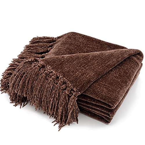 RECYCO Throw Blanket Soft Cozy Chenille Throw Blanket with Fringe Tassel for Couch Sofa Chair Bed Living Room Gift(Brown, 50'' x 60'') - color: Brown, size: 50'' X 60''
