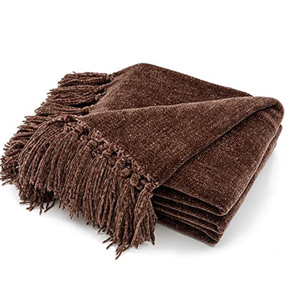 RECYCO Throw Blanket Soft Cozy Chenille Throw Blanket with Fringe Tassel for Couch Sofa Chair Bed Living Room Gift(Brown, 50'' x 60'') - color: Brown, size: 50'' X 60''