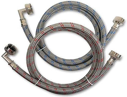 Premium Stainless Steel Washing Machine Hoses with 90 Degree Elbow, 5 Ft Burst Proof (2 Pack) Red and Blue Striped Water Connection Inlet Supply Lines