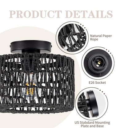 Rpzloila Rattan Ceiling Light, 1 Light Farmhouse Woven Flush Mount Ceiling Light, Boho Light Fixture for Bedroom Living Room Hallway Entryway, Black Finish - color: Black, size: 1-Light-Round