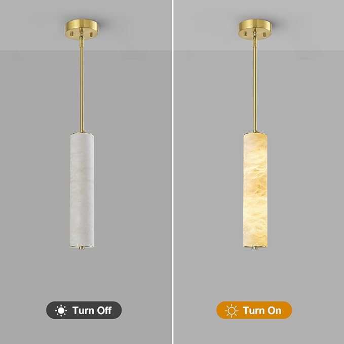 LMQNINE Natural Alabaster Pendant Lights White Marble 15" Long Tube Adjustable Boom Chandelier Modern 3000K Gold Ceiling Light for Kitchen Island Bedroom Dining Room Living Room Hallway(S-2Pack)