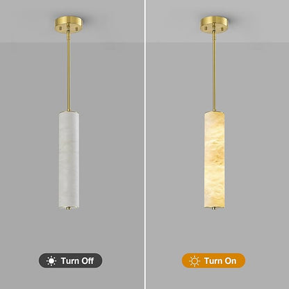 LMQNINE Natural Alabaster Pendant Lights White Marble 15" Long Tube Adjustable Boom Chandelier Modern 3000K Gold Ceiling Light for Kitchen Island Bedroom Dining Room Living Room Hallway(S-2Pack)