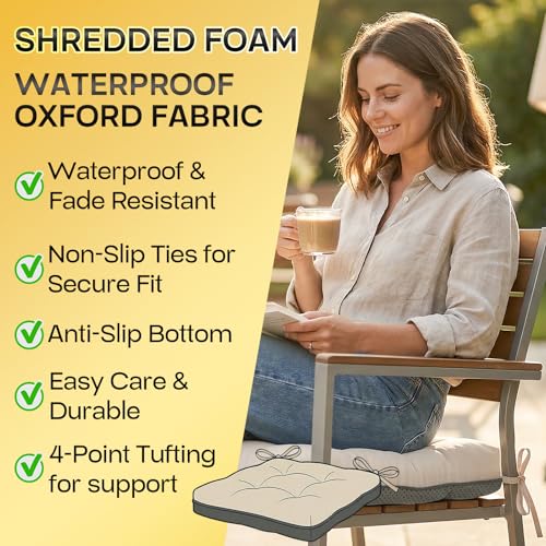4 Pack 19x19 Inch Shredded Foam Chair Cushions with Straps - All-Season Seat Pads for Indoor/Outdoor Dining, Office, Patio, Kitchen Chairs (Cream, 19 INCH × 19 INCH) - color: Cream