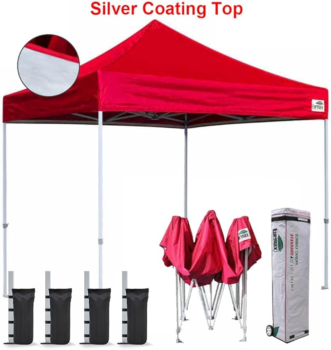 Eurmax USA Standard 10x10ft Patio Pop Up Canopy Tent for Outdoor Events Commercial Instant Canopies with Heavy Duty Roller Bag,Bonus 4 Canopy Sand Bags(Silver Coating Top,Red)