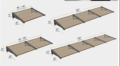Door Awning Window Canopy, Modular Spliced Awnings for Outside,Porch,Patio,Deck,Polycarbonate Sheet,UV, Rain, and Snow Protection (Brown Board & Black Bracket, 35'’*120'’)