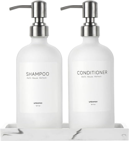 White Glass Soap Dispenser Set for Kitchen, Hand and Dish Soap Dispenser with Stainless Steel Pump & Resin Tray, Perfect for Kitchen,Hotel Rental-Modern Sink Decor for Kitchen & Bath