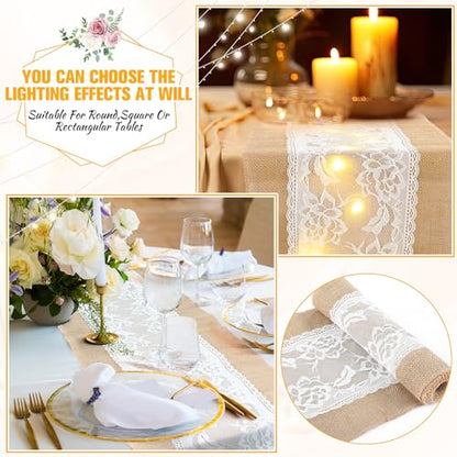 Xinnun 6 Pack Burlap Table Runner with Warm LED Lights,Rustic Lace Wedding Table Decor,Boho Farmhouse Jute Runner for Reception Bridal Shower Party(Novelty,12x108 Inches) - size: 12X108 Inches, style: Fashion