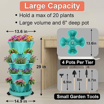 DUNCHATY Stackable Planter, Vertical Garden Planter with Wheels and Garden Tools, Strawberry Planter Indoor/Outdoor 5 Tier Herb Planter Pots for Growing Vegetables and Succulents,Teal