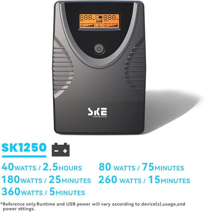 Ups Battery Backup and Surge Protector 1250VA/720W,Computer Uninterruptible Power Supply Units,Battery Backup Intelligent LCD,SKE Back UPS,Uninterruptible Power Supply,Battery Backup for Computer SKE