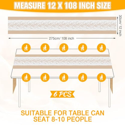 Xinnun 6 Pack Burlap Table Runner with Warm LED Lights,Rustic Lace Wedding Table Decor,Boho Farmhouse Jute Runner for Reception Bridal Shower Party(Novelty,12x108 Inches) - size: 12X108 Inches, style: Fashion