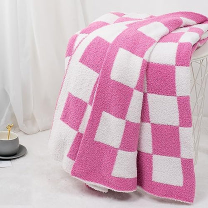 Carriediosa Checkered Throw Blanket 90" X 90" Queen, 400GSM Ultra Soft Microfiber Fuzzy Fluffy Reversible Cute Preppy Knitted Blankets Cozy Plush Fall Throws for Couch, Bed, Sofa, Hot Pink - color: Check - Hot Pink, size: 90" X 90"