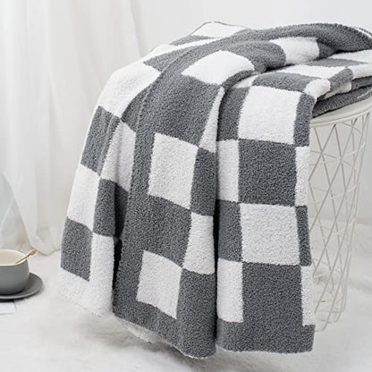 Carriediosa Checkered Throw Blanket 50" X 60", 400GSM Ultra Soft Microfiber Fuzzy Fluffy Reversible Cute Preppy Knitted Blankets Cozy Plush Fall Throws for Couch, Bed, Sofa, Grey - color: Check - Grey, size: 50" X 60"