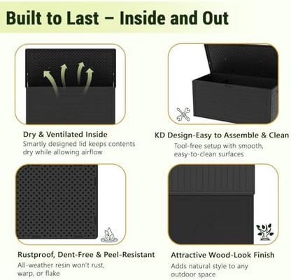 Outdoor Storage Box,260 Gallon Deck Box Outdoor Storage Bench Outside Waterproof Resin Storage Bench, Lockable Patio Cushions, Garden Tools Storage For Furniture, UV Resistant (Black)