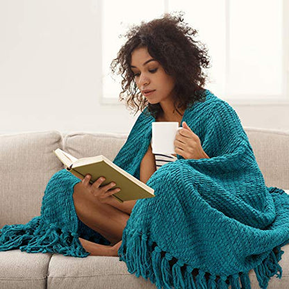 HOMEIDEAS Warm Tassel Knit Blanket Throw Size for Couch Sofa Bed, Teal Green Thick Knitted Armchair Office Chair Throw Blankets, Winter Chunky Blankets(50x60) - color: Teal Green