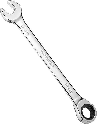 WORKPRO 19 mm Ratcheting Combination Wrench Metric, CR-V Constructed with Mirror Polish Chrome Plating, 12-Point Design, 15-Degree Offset