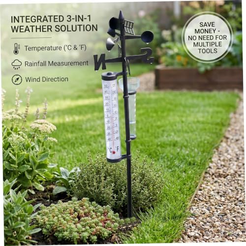 Weather Station - 3 in 1 Garden Thermometer Rain Wind Indicator with Stake, Fahrenheit/Celsius
