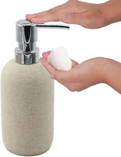 Beige Resin Bathroom Accessory Set, 5 Pcs Bathroom Accessories Set with Lotion Dispenser,Soap Dish,Toothbrush Holder,Vanity Tray,Qtip Holder Dispenser, Modern Bathroom Decor and Housewarming Gift Set