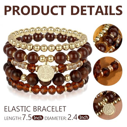 Bohemian Natural Stone Beaded Bracelets for Women Men Stackable Stretch Beads Bracelet Set with Charm and Tassel Multilayered Elastic Gemstone Bracelets Summer Beach Boho Jewelry Gift for Women - color: brown