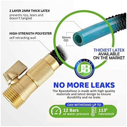 J&B XpandaHose 50ft Expandable Garden Hose with Holder - Heavy Duty Superior Strength 3750D - 4 -Layer Latex Core - Extra Strong Brass Connectors and 10 Spray Nozzle w/Storage Bag (Black 50)