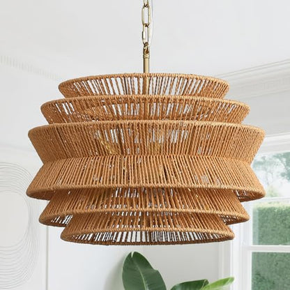 6-Light Boho Rattan Chandelier, 17.7 inch Hand Woven Farmhouse Hanging Light Fixture, Rustic Woven Ceiling Lamp for Kitchen Island, Dining Room, Living Room & Foyer - color: 17.7" Brown