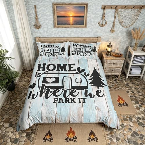 Farmhouse Rustic Camping Duvet Cover Set King Size,Funny Home Where We Park It Comforter Cover with 2 Pillowcases Bedspread,Explore Camper Gifts RV Life Microfiber Quilt Cover for Adult Women,3pcs - color: Multi 16, size: King 104"x90"