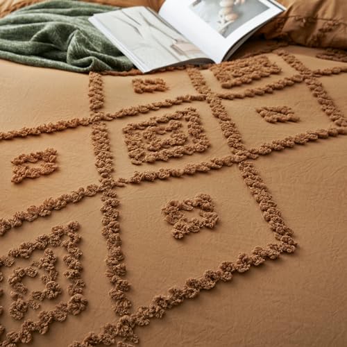 Oli Anderson Tufted Duvet Cover Queen Size, Soft and Lightweight Duvet Covers Set for All Seasons, 3 Pieces Boho Embroidery Shabby Chic Bedding Set (Pumpkin Brown, Queen, 90"×90") - color: Pumpkin Brown, size: Full/Queen(90"×90")