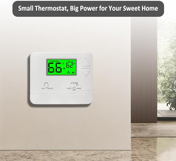 NonProgrammable Thermostat for House, Digital Energy-Saving Thermostat,Single-Stage Systems, 1 Heat/1 Cool, Easy DIY Install, Green Backlight