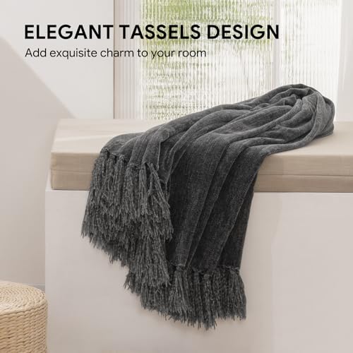 RECYCO Throw Blanket Soft Cozy Chenille Throw Blanket with Fringe Tassel for Couch Sofa Chair Bed Living Room Gift (Dark Gray, 50" x 60") - color: Dark Gray, size: 50'' X 60''