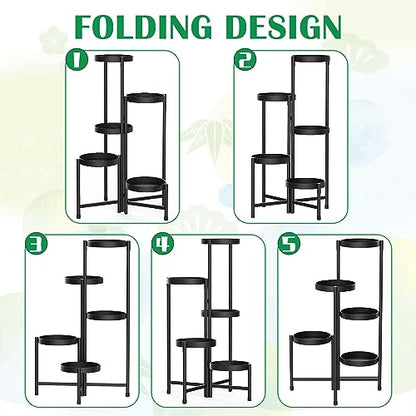5 Tier Metal Plant Stand for Indoor Outdoor, Black | Foldable, Toolless Assembly, Flexibly Adjustable, Waterproof, Antislip