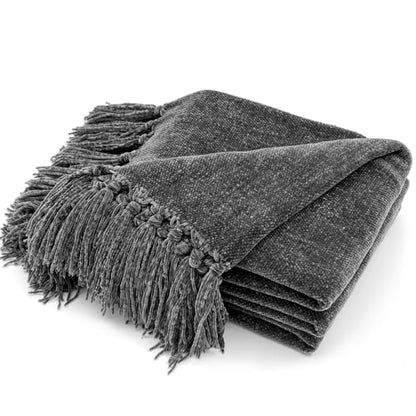 RECYCO Throw Blanket Soft Cozy Chenille Throw Blanket with Fringe Tassel for Couch Sofa Chair Bed Living Room Gift (Dark Gray, 50" x 60") - color: Dark Gray, size: 50'' X 60''