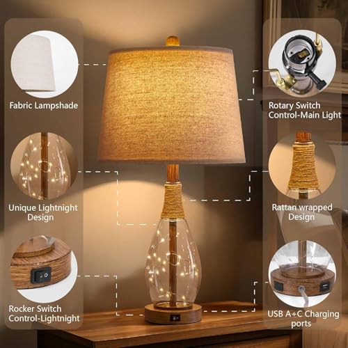 OYEARS 23" USB A+C Table Lamps for Bedroom Living Room Modern Bedside Lamps Retro Farmhouse Rattan Glass Nightstand Nightlight Lamps,Two Light Points - color: Walnut