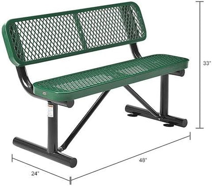 Global Industrial 4'L Heavy Duty Expanded Metal Mesh Bench with Backrest with Steel Frame, Portable Outdoor Bench, 1000 lbs Capacity, Green, 48" L x 24" W x 33" H