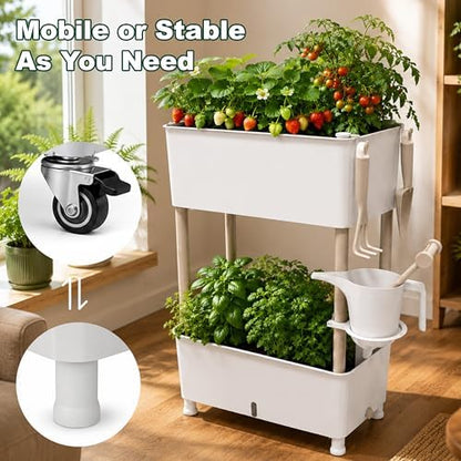 2-Tier 27.8"H Rolling Raised Garden Bed with Wheels, Self Watering Planter Box with Visible Water Level, Gray Rustproof Plastic Herb & Strawberry Planter for Indoor Outdoor Vegetables Flowers, DIY Kit