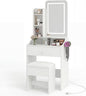 DUMOS Makeup Vanity Desk, Vanity Table Set with Mirror and Lights, Small Vanity with Storage Bench, Charging Station and Hair Dryer Holder, Dressing Table with Drawer and Three Shelves, White