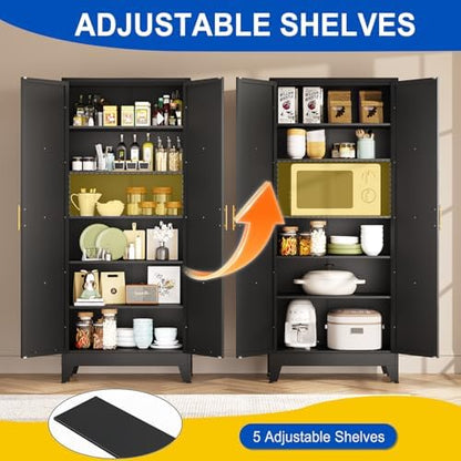 71" Metal Kitchen Pantry Storage Cabinet with 2 Doors and 4 Adjustable Shelves,Black Farmhouse Pantry Cabinet,Steel Garage Tool Cabinet Freestanding Cupboard for Kitchen,Dinning Living Room
