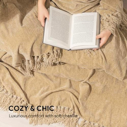 RECYCO Throw Blanket Soft Cozy Chenille Throw Blanket with Fringe Tassel for Couch Sofa Chair Bed Living Room Gift (Beige, 50" x 60") - color: Beige, size: 50'' X 60''