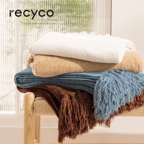 RECYCO Throw Blanket Soft Cozy Chenille Throw Blanket with Fringe Tassel for Couch Sofa Chair Bed Living Room Gift (Beige, 50" x 60") - color: Beige, size: 50'' X 60''